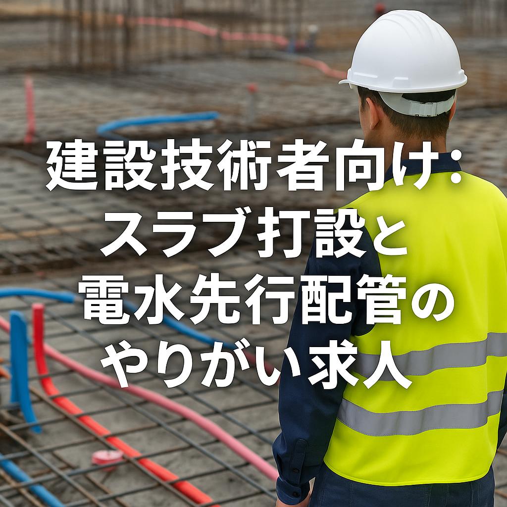 建設技術者向け:スラブ打設と電水先行配管のやりがい求人