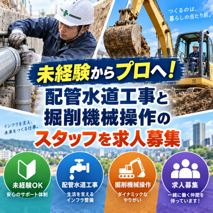 未経験からプロへ！配管水道工事と掘削機械操作のスタッフを求人募集